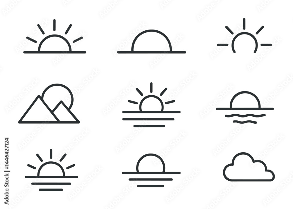 Sunset and sunrise outline icons set – linear style nature, weather, and horizon symbols: dawn, dusk, sun, landscape, cloud, mountains, sky, horizon. Sunset and sunrise outline icons set – linear style nature, weather, and horizon symbols: dawn, dusk, sun, landscape, cloud, mountains, sky, horizon.