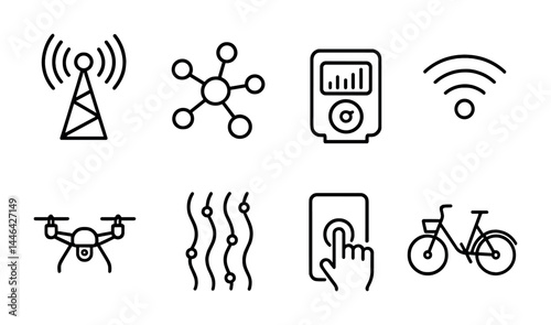 Smart technology line icons set – outline style for connectivity, innovation, and digital trends: antenna, network, sensor, drone, smart grid, touch screen, bicycle.