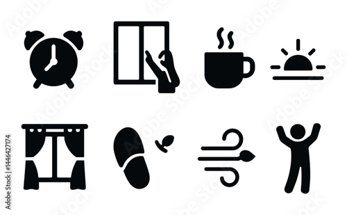 Morning routine solid icons set – filled style daily habits and wake-up rituals symbols: alarm clock, window, coffee, sunrise, curtains, slippers, fresh air, exercise.