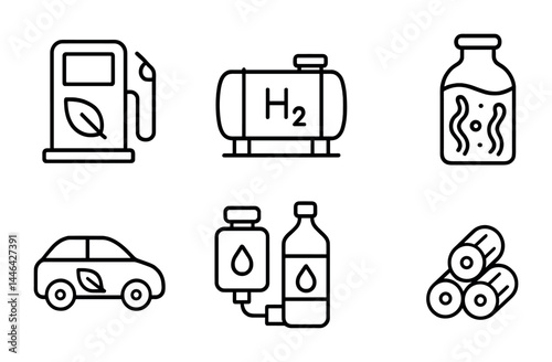 Eco-friendly energy icons – outline style: renewable, sustainable, and green energy symbols for eco design: gas pump, hydrogen tank, glass bottle, eco car, fuel canister, biomass.