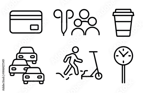Urban lifestyle line icon set – outline style city living and commuter symbols for modern life: credit card, earbuds, group of people, coffee cup, traffic, pedestrian, scooter, clock.