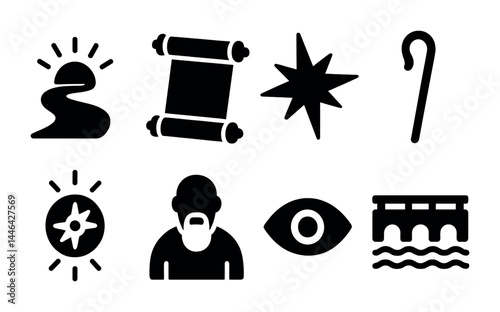 Biblical symbols icon set – solid style religious, spiritual signs for faith and worship: scroll, star, shepherd's staff, sun, compass, prophet, eye, bridge
