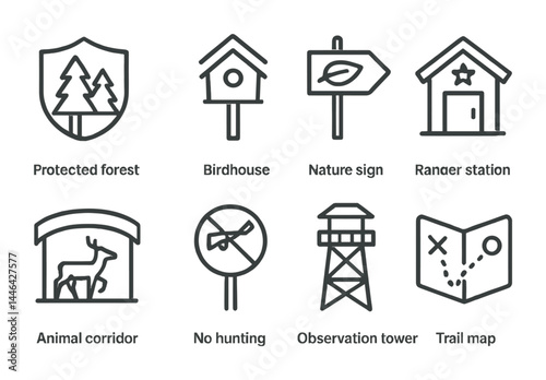 Wildlife conservation outline icons – linear style nature, environment, and preservation symbols: birdhouse, nature sign, ranger station, animal corridor, observation tower