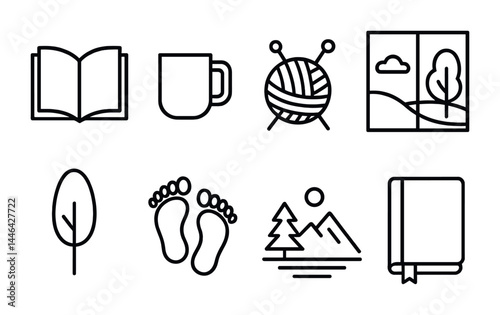 Cozy home activities icon set – outline style for hobbies, crafts, and relaxation: open book, mug, yarn ball, landscape, tree, footprints, nature scene, bookmark.