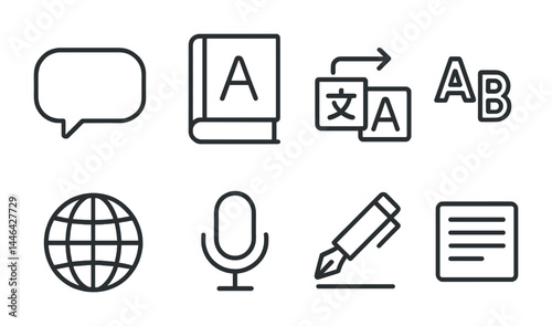 Language learning outline icons set – linear language education, translation, and communication symbols for knowledge expansion: speech bubble, dictionary, translator, alphabet, globe, microphone,
