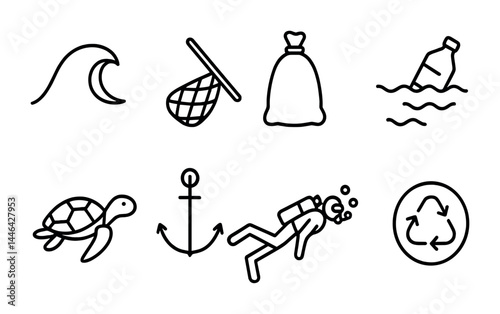 Marine environmental conservation icon set – outline style ocean preservation, sustainability, and eco-friendly symbols: wave, fishing net, trash bag, plastic bottle, sea turtle, anchor, diver,