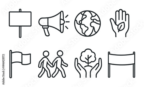 Environmental conservation and awareness icon set – line style eco-friendly symbols for sustainability: globe, leaf, megaphone, banner, flag, walking pair, plant in hands