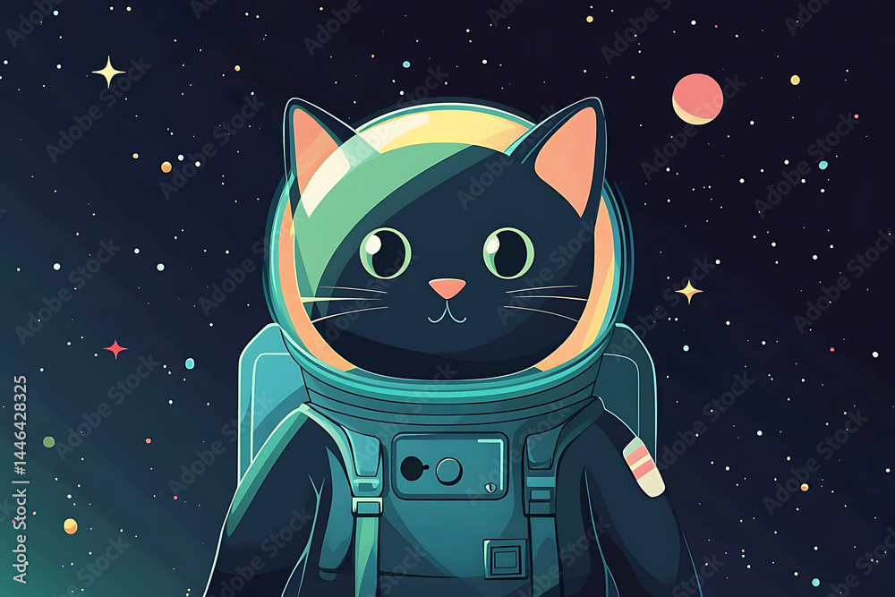 Fototapeta premium Astronaut cat floating in space, surrounded by stars and planets, evoking a sense of adventure