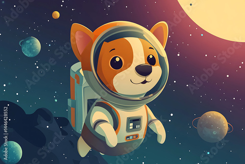 Adorable cartoon dog astronaut floating in space with colorful planets and a bright sun photo