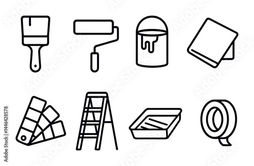 Home renovation icon set - outline style diy, decorating, and painting tools: paintbrush, roller, paint can, sandpaper, color swatches, ladder, paint tray, tape