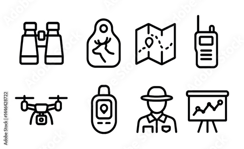 Explore and adventure line icons set – outline wilderness, trekking, and navigation symbols for outdoor activities: binoculars, map, radio, drone, gps, hiker, trail sign.