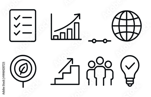 Business and growth outline icon set – linear style corporate, success, and strategy symbols for analytics: checklist, graph, globe, target, growth, team, innovation.