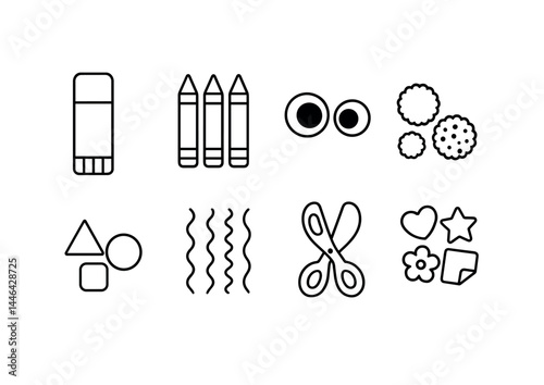Craft and art line icons set – outline style creative, diy, and hobby symbols collection: eraser, crayons, googly eyes, buttons, shapes, waves, scissors, stickers