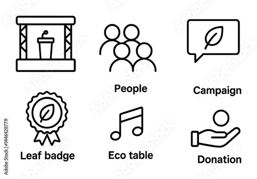 Environmental and sustainability outline icons set – linear style eco-friendly, green living, and conservation symbols: eco table, leaf badge, people, campaign, donation.