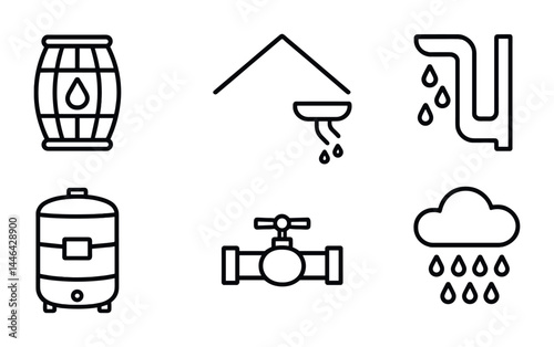 Water conservation outline icons – flat style for eco-friendly living and sustainability: rain barrel, roof, gutter, water heater, valve, rain cloud.