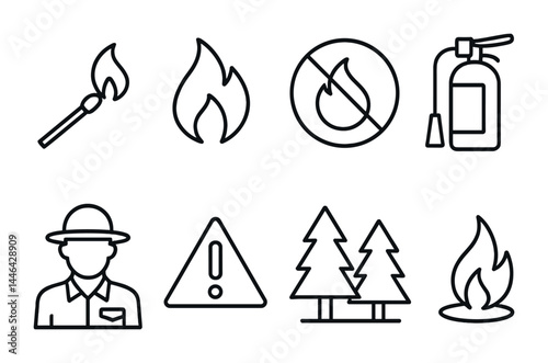 Fire safety icon set – outline style safety, emergency, and protection symbols for prevention: match, flame, no fire sign, extinguisher, ranger, warning, forest, campfire.