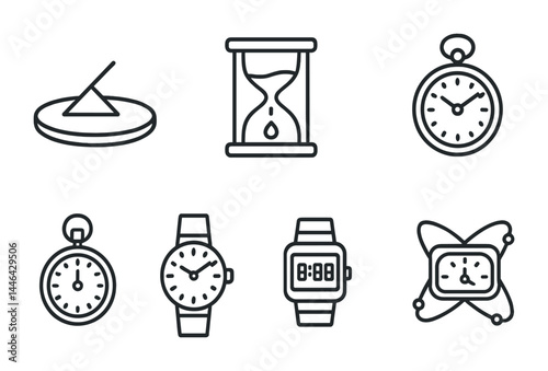 Timekeeping icon set – outline style clocks and watches: sundial, hourglass, stopwatch, analog watch, digital watch, alarm clock for precision timers