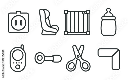 Baby safety icons set – outline style infant protection, nursery essentials, and care symbols for parenting: outlet cover, car seat, baby gate, bottle, monitor, pacifier, scissors, corner guard.
