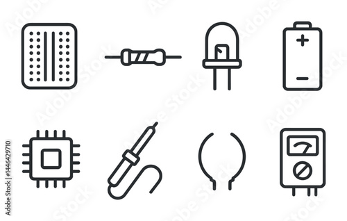 Electronics and components icon set – outline style technology, circuits, and tools for engineering projects: breadboard, resistor, led, battery, microchip, soldering iron, clamp, multimeter.