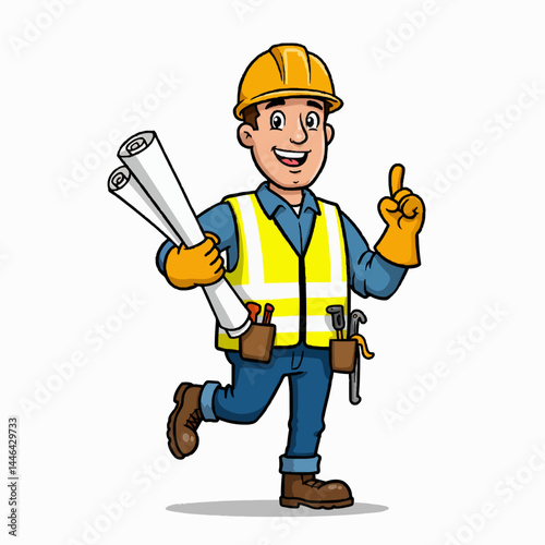 A male construction worker holding blueprints and wearing a hard hat and reflective vest.