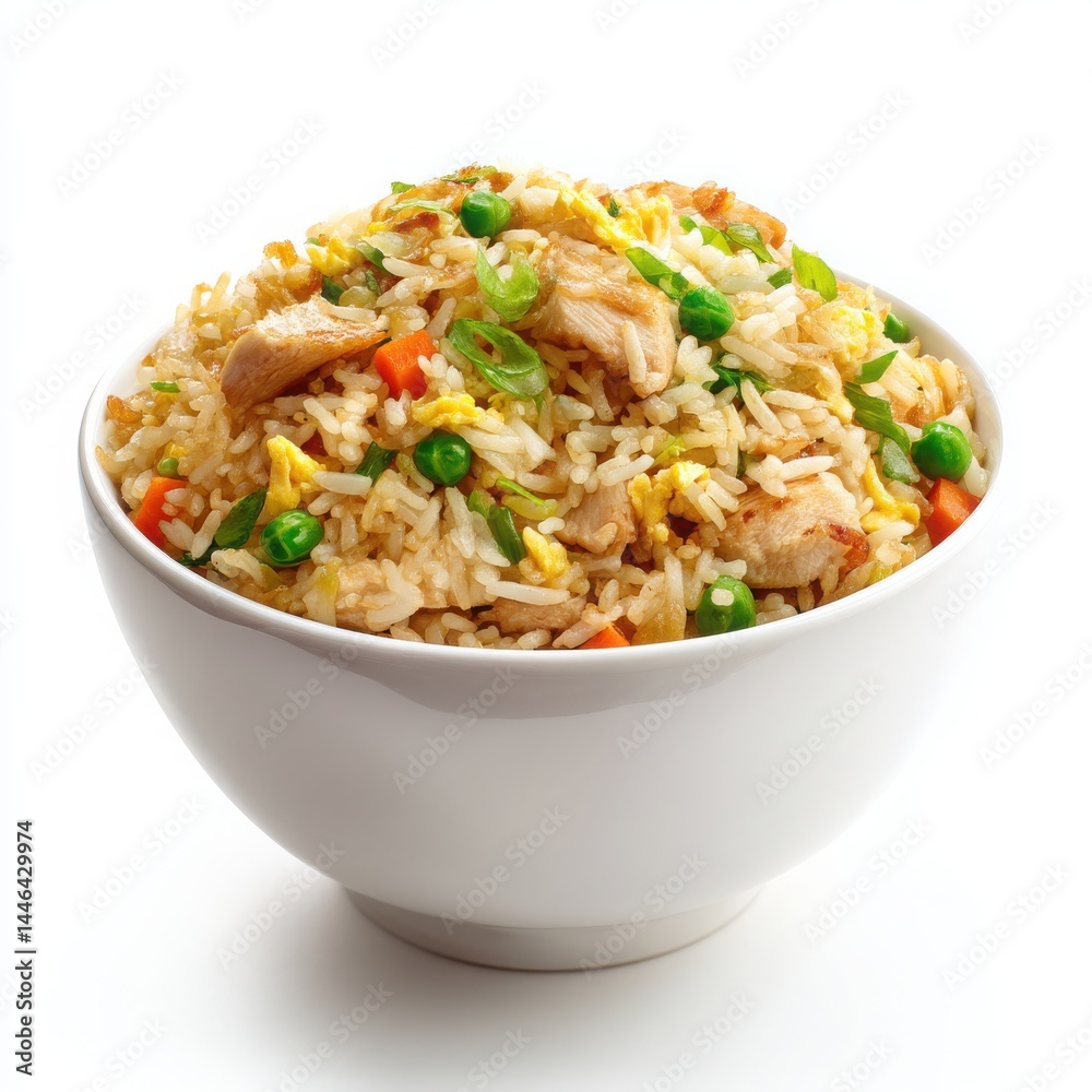 A bowl of chicken fried rice with peas carrots and egg on a white background in a white bowl A bowl of chicken fried rice with peas carrots and egg on a white background in a white bowl