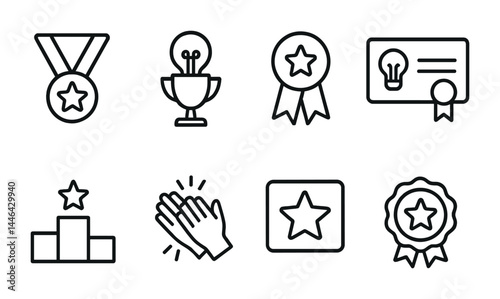 Award and achievement icon set – outline style prizes, recognition, and success symbols for business branding: medal, trophy, badge, certificate, podium, applause, star, ribbon.