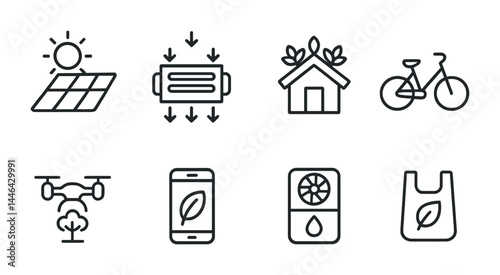 Eco-friendly lifestyle icons featuring solar energy, green transport, and sustainable living