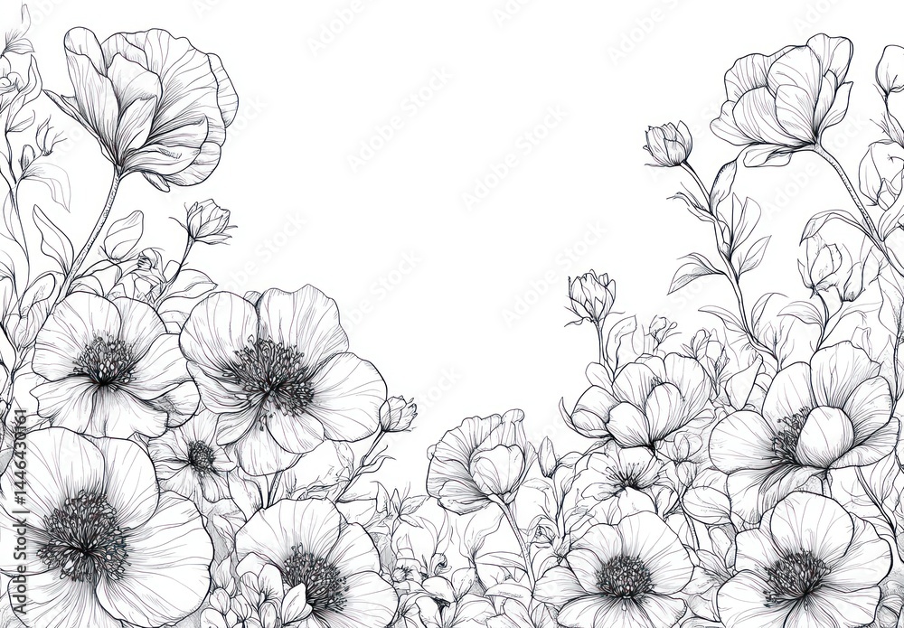 Fototapeta premium Elegant black and white floral illustration. Detailed line art of various blossoms and leaves, creating a frame around a white background. A profusion of flowers in different stages of bloom
