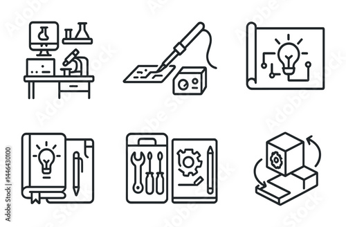 Innovative education and learning icons – outline style for academic, research, and development visuals: microscope, soldering iron, blueprint, book, toolbox, 3d model diagram