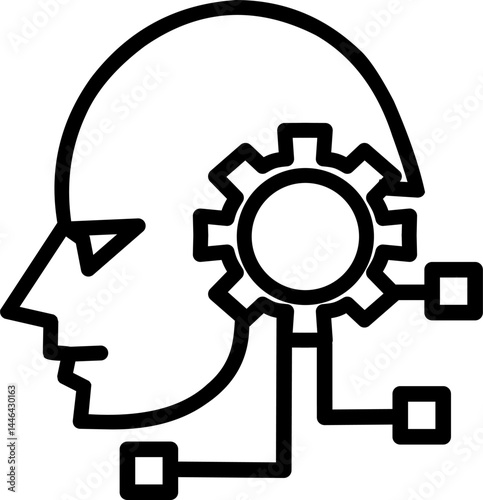 Human Robot head gears tech logo, Cogwheel engineering technological inside brain, Artificial intelligence, Simple flat design icon symbol, Isolated on white