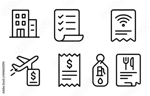 Modern business and travel line icons – outline style for finance, technology, and hospitality concepts: building, checklist, receipt, wifi, airplane, fuel tag, menu.