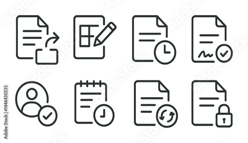 Document management icons set – outline style for workflow, office, and productivity enhancement: file transfer, data entry, document approval, user verification, schedule, synchronization, privacy.
