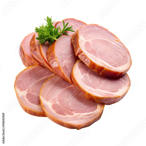Delicious ham slices with a sprig of parsley on a transparent background