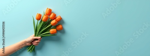 A hand holding a bunch of orange tulips against a blue background.
