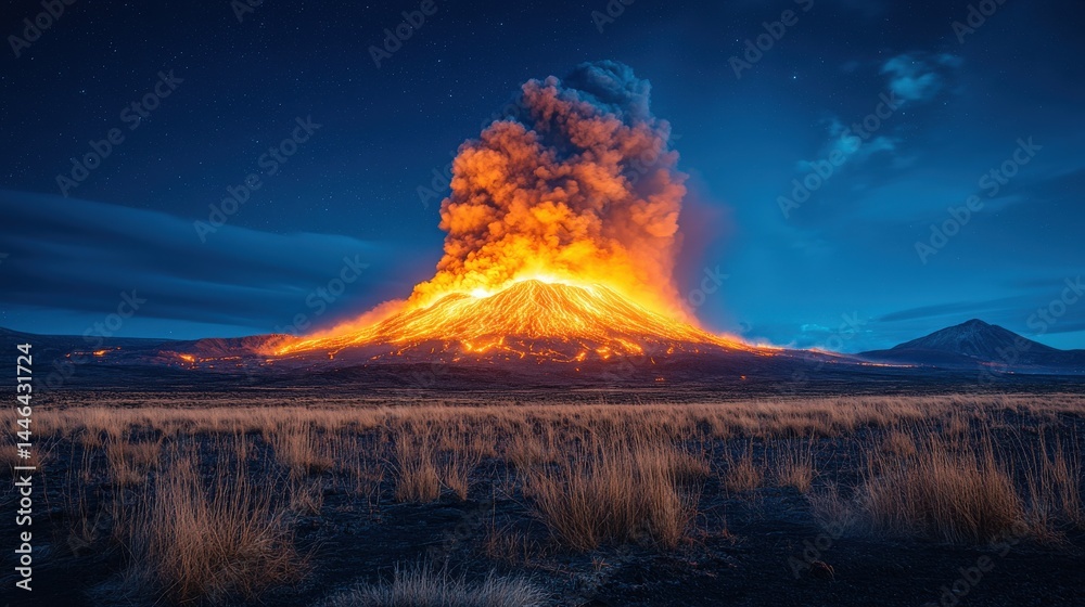 Fototapeta premium Dramatic nightscape of erupting volcano landscape against starry sky