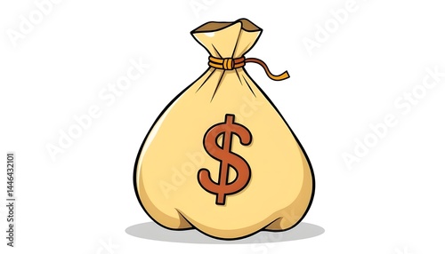Playful cartoon money bag with dollar sign, vibrant, cheerful style.