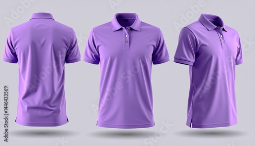 Minimalist isolated mockups of a plain purple polo shirt displayed from various angles