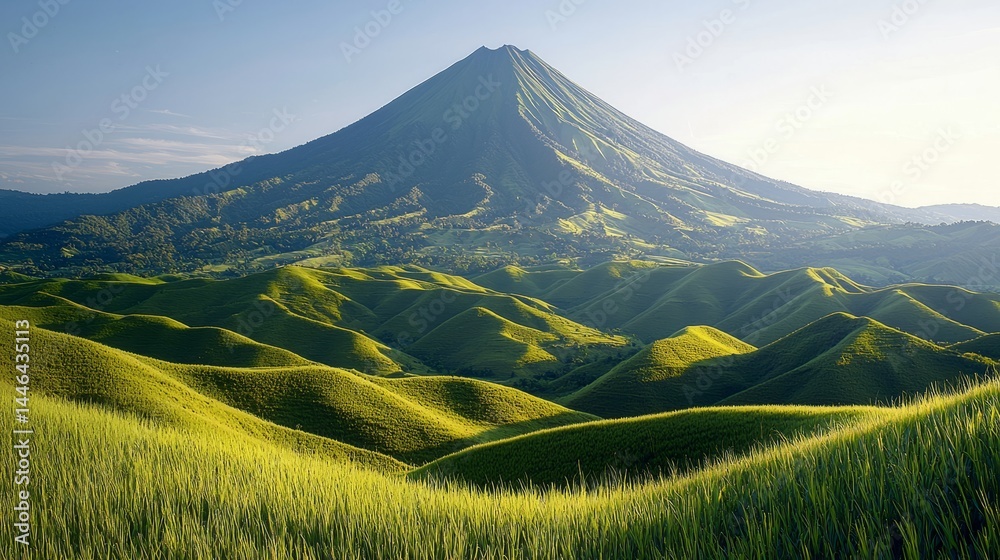 Fototapeta premium Majestic Volcano Surrounded by Lush Green Hills and Blue Sky