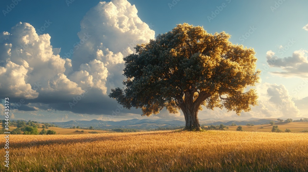 Fototapeta premium Golden field cradles lone illuminated tree