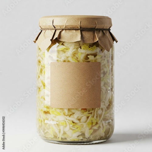German Sauerkraut in Glass Jar with Blank Label on White Background