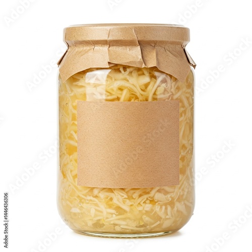 German Sauerkraut in Glass Jar with Blank Label on White Background