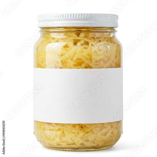 German Sauerkraut in Glass Jar with Blank Label on White Background