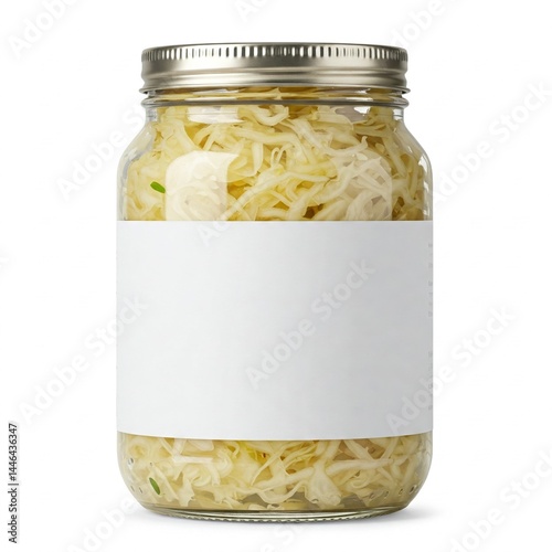 German Sauerkraut in Glass Jar with Blank Label on White Background
