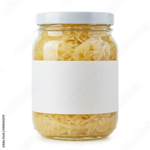 German Sauerkraut in Glass Jar with Blank Label on White Background
