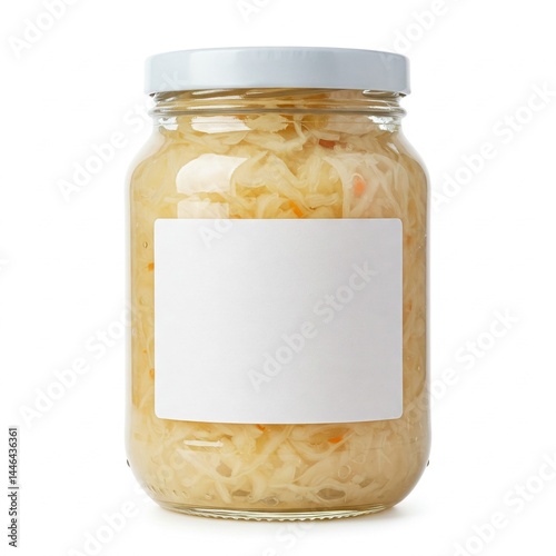 Sauerkraut Jar with Blank Label Natural Fermented Food White Background