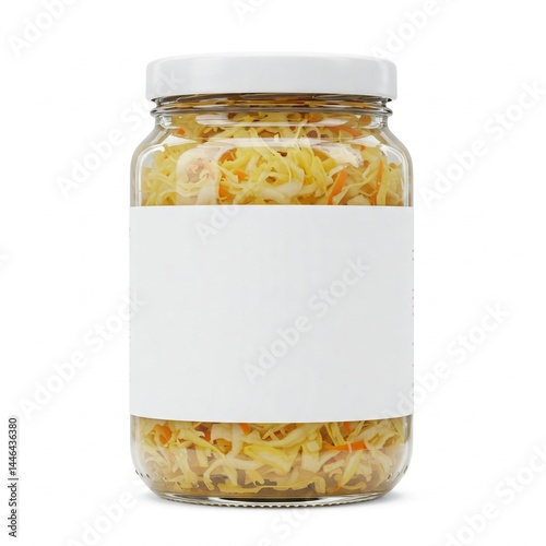 German Sauerkraut in Glass Jar with Blank Label on White Background