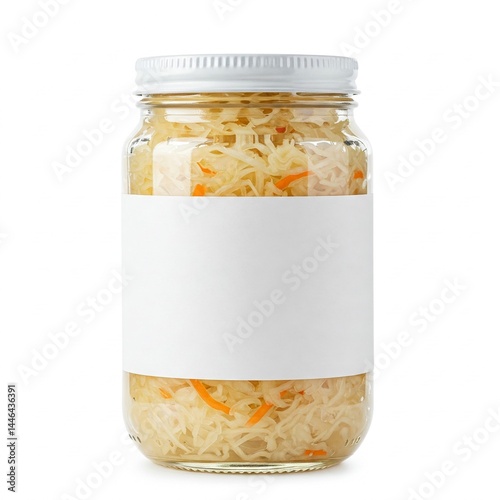 German Sauerkraut in Glass Jar with Blank Label on White Background