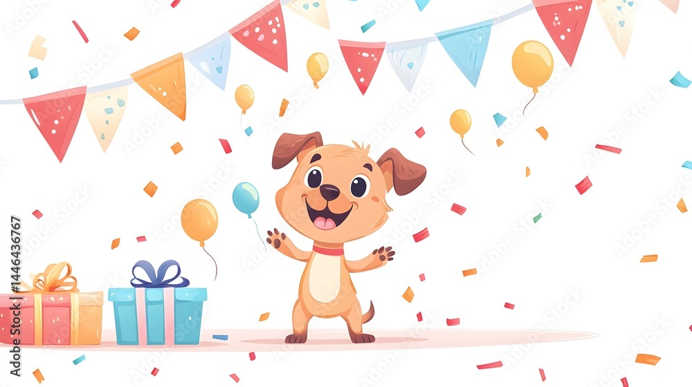 Naklejka premium Cheerful birthday greeting card featuring cute dog with gift box, perfect for celebrations