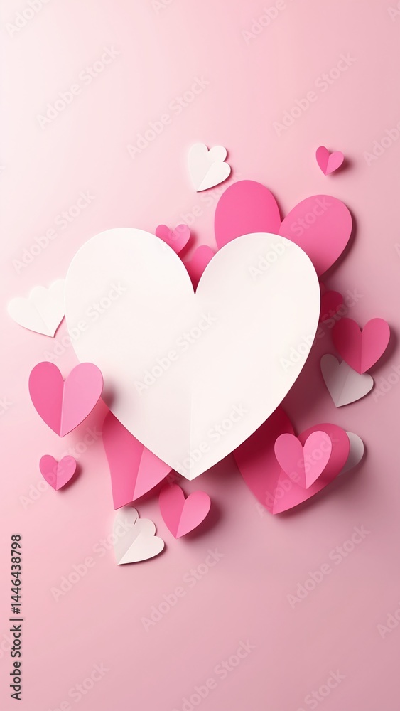 A large white heart surrounded by pink and white paper hearts. A large white heart surrounded by pink and white paper hearts.
