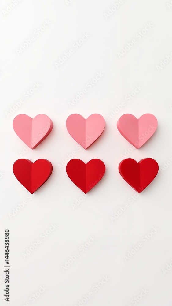 A group of red and pink paper hearts on a white surface. A group of red and pink paper hearts on a white surface.